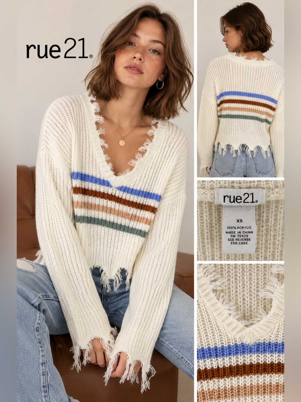 Rue21 Distressed Stripe Knit Sweater Cream V-Neck XS